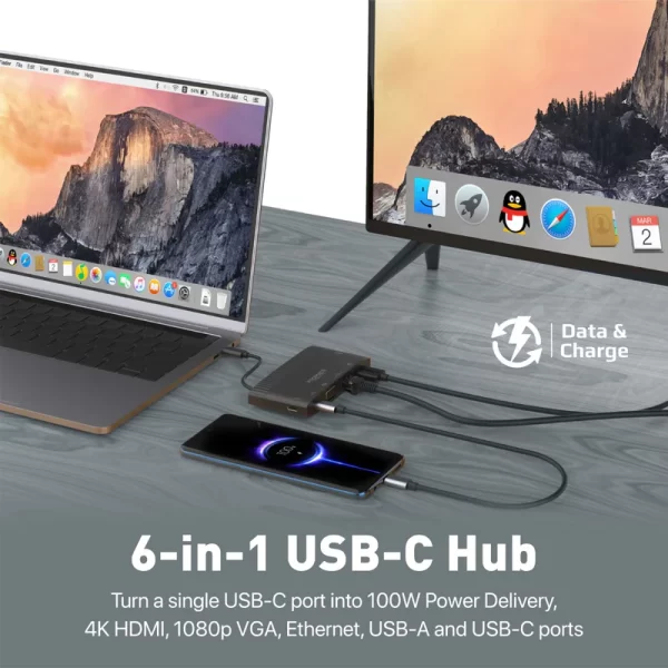 Adaptateur Type-C Promate 6-en-1 avec 4K HDMI, VGA LAN ,USB-C, 5Gbps Ports USB 3.0 et USB-C – Image 2