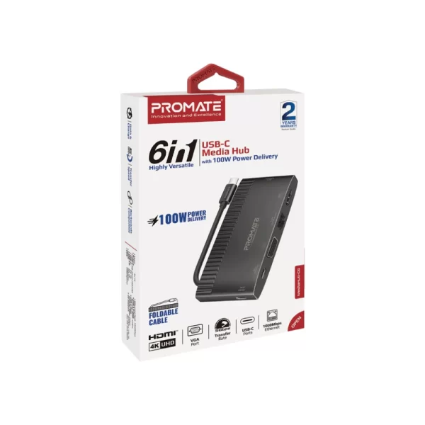 Adaptateur Type-C Promate 6-en-1 avec 4K HDMI, VGA LAN ,USB-C, 5Gbps Ports USB 3.0 et USB-C
