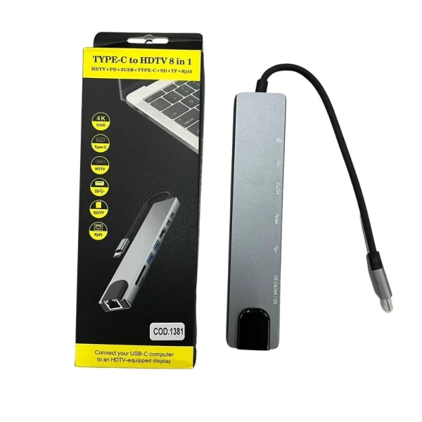 ADAPTATEUR USB C HUB 8 EN 1 VERS HDMI 4K, ETHERNET RJ45, PORT TYPE C , 2 X USB 3.0 ET LECTEUR DE CARTE SD/TF