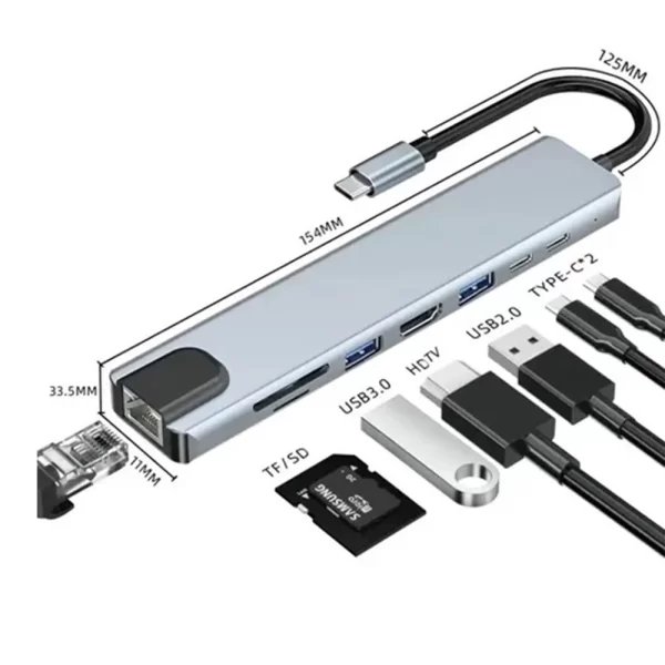 ADAPTATEUR USB C HUB 8 EN 1 VERS HDMI 4K, ETHERNET RJ45, PORT TYPE C , 2 X USB 3.0 ET LECTEUR DE CARTE SD/TF – Image 2