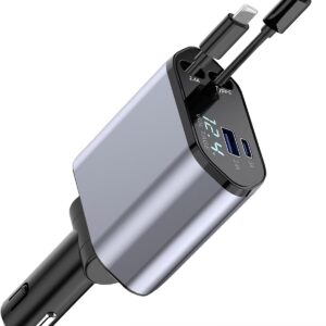 Chargeur Voiture, 120W 4 en 1 rétractableChargeur  USB C , Prise Cigare USB C et Câble Extensible 90 cm